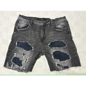 Legacy Edition Mens Distressed Denim Shorts Black Patchwork Raw Hem Size 34